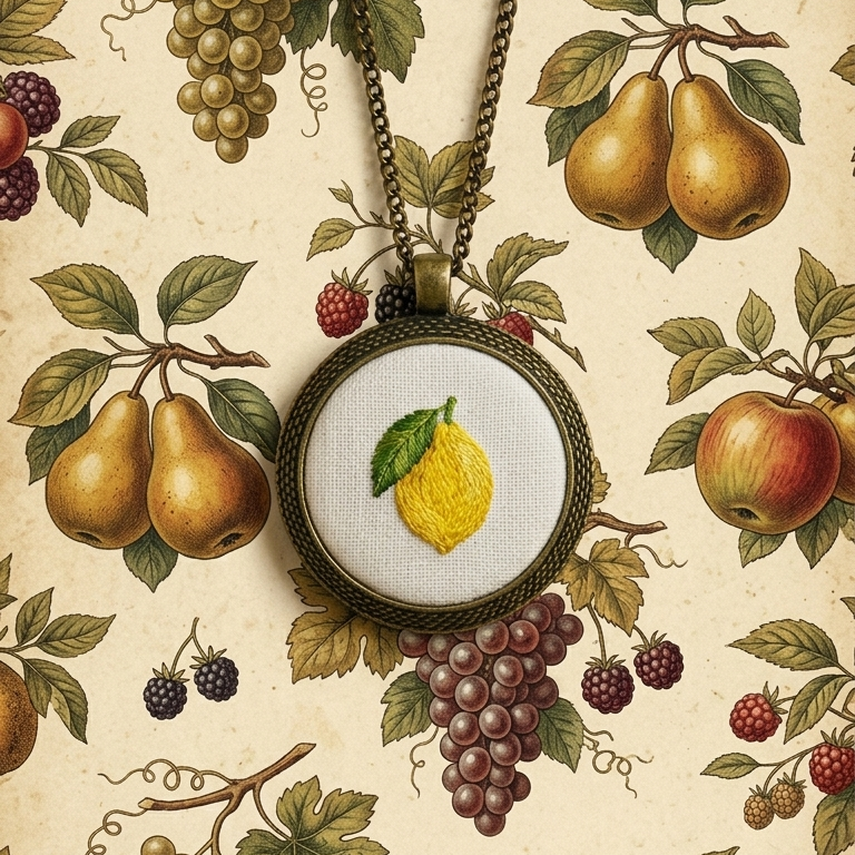 Collana artigianale Fildisogno con simbolo ricamato, dettaglio elegante e fatto a mano, raffinata e unica.