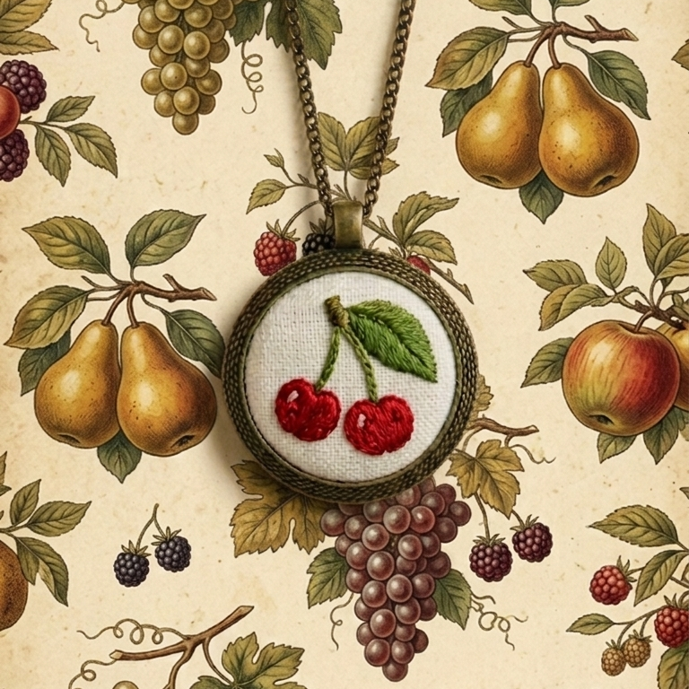Collana artigianale Fildisogno con simbolo ricamato, dettaglio elegante e fatto a mano, visibile in primo piano.