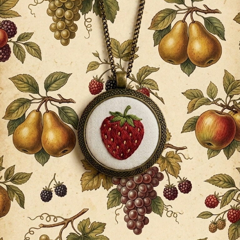 Collana artigianale Fildisogno con simbolo ricamato, elegante e dettagliata, visibile con catenina sottile e ricamo decorativo