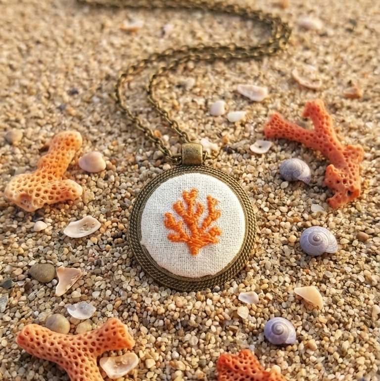 Collana artigianale Fildisogno con simbolo ricamato, dettagli raffinati e lavorazione manuale, in tessuto colorato.