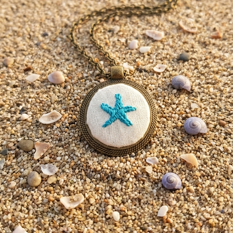 Collana artigianale Fildisogno con simbolo ricamato, dettaglio elegante e unico, in tessuto e filo.