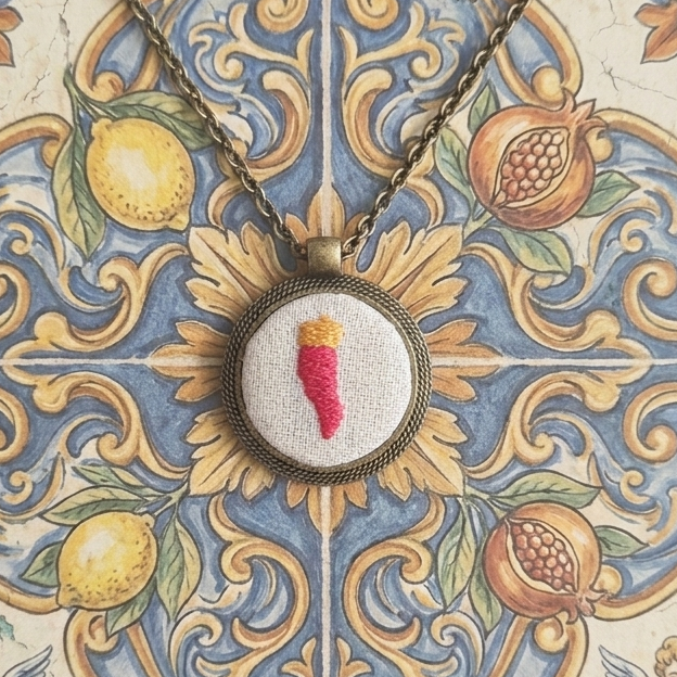 Collana artigianale Fildisogno con simbolo ricamato, delicata e dettagliata, indossata su sfondo neutro.