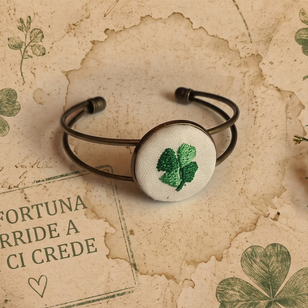Bracciale artigianale Fildisogno con simbolo ricamato, dettaglio elegante e fatto a mano, in materiali di qualità.
