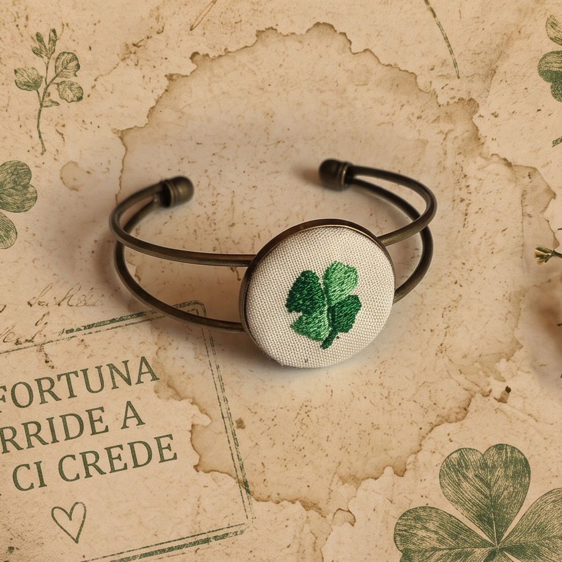 Bracciale artigianale Fildisogno con simbolo ricamato, dettaglio elegante e fatto a mano, in materiali di qualità.