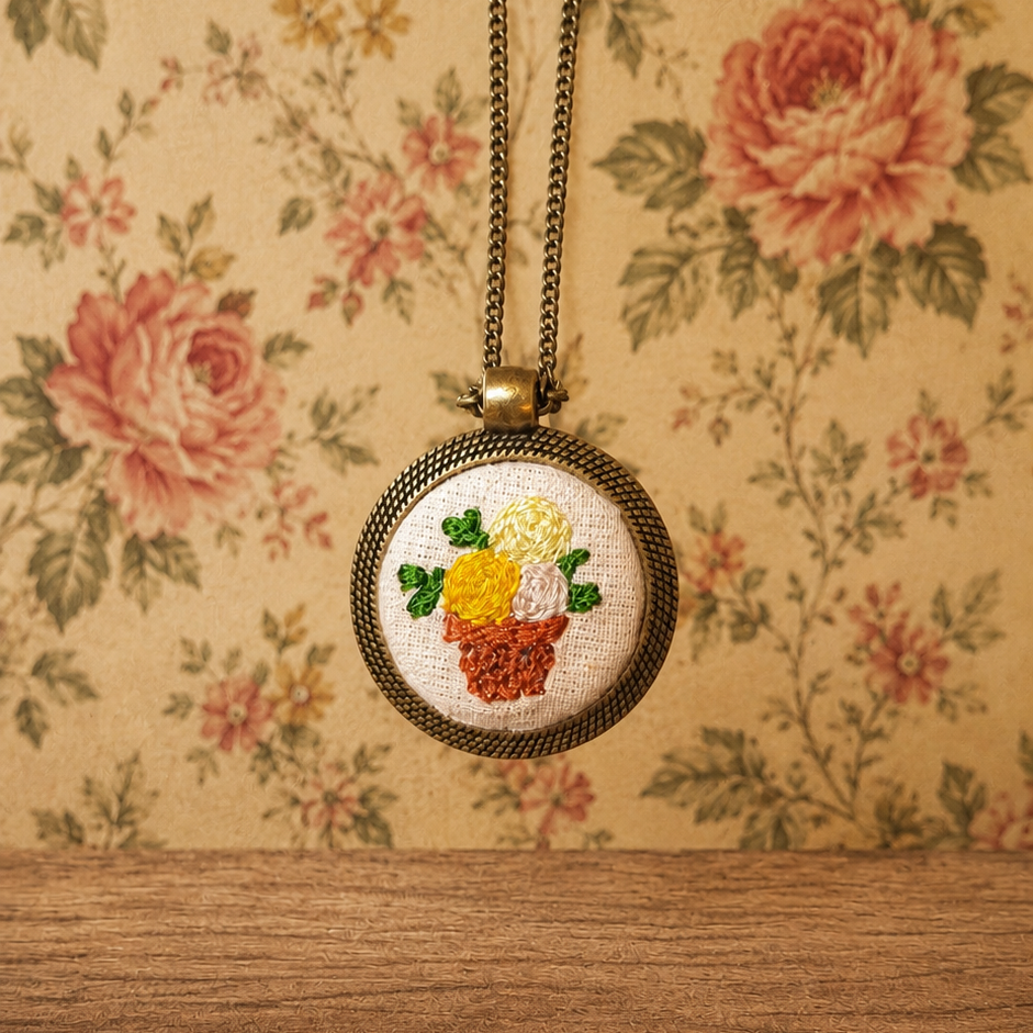Collana artigianale con simbolo ricamato in tessuto colorato, creata da Fildisogno, mostra dettagli e lavorazione manuale.