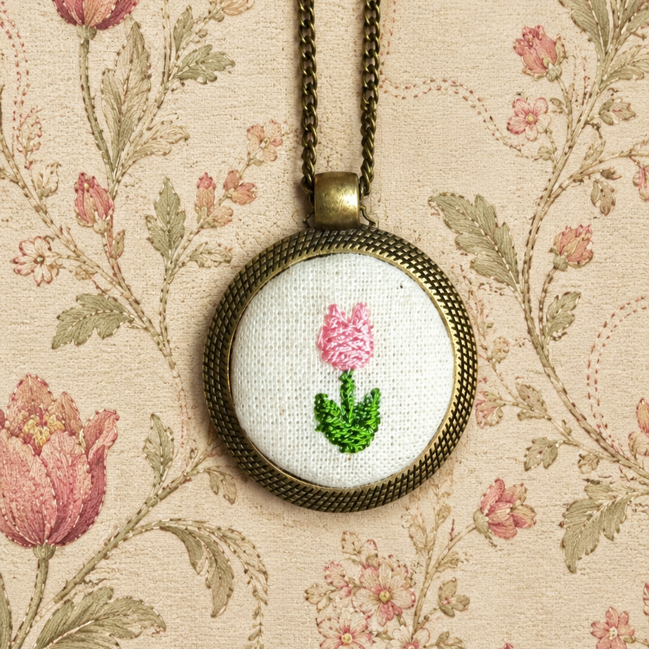 Collana artigianale Fildisogno con simbolo ricamato, delicato accessorio in tessuto con dettagli ricamati a mano.