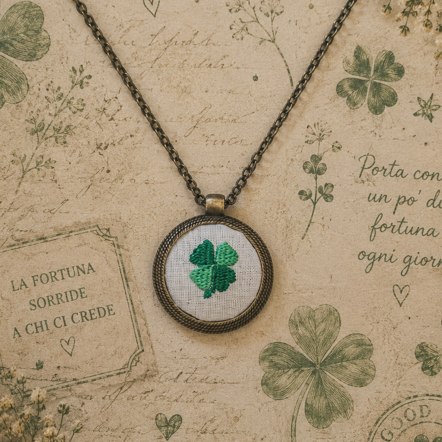 Collana Fildisogno con simbolo ricamato artigianale, dettagli in tessuto colorato e lavorazione a mano.