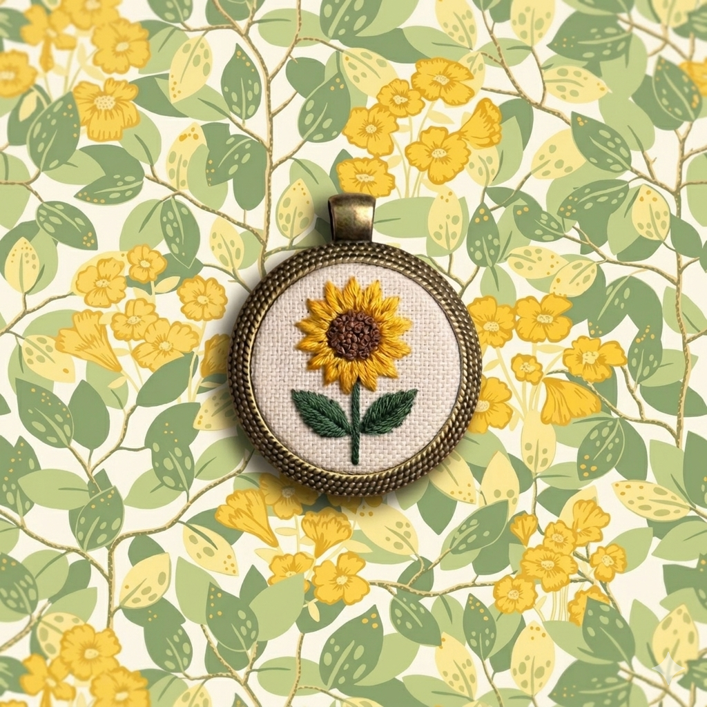 Collana Fildisogno con simbolo ricamato artigianale in tessuto, elegante e dettagliata, su sfondo neutro.