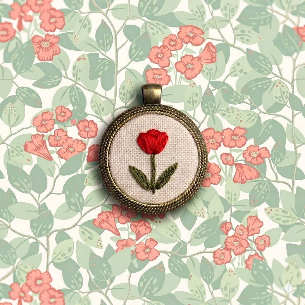 Collana artigianale con simbolo ricamato, accessorio elegante di Fildisogno, in tessuto con dettagli ricamati colorati.